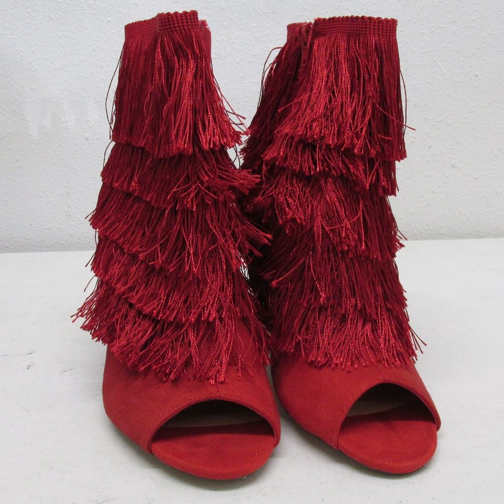 Hot Tomato Red Open Toe Fringe Ankle Boots